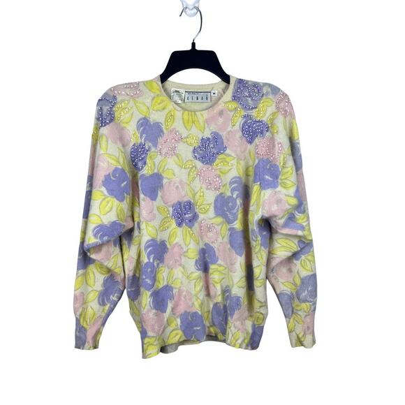 Jessica Ann Sweaters - Vintage Ann Tjian for Kenar Lambswool Rabbit Hair Floral Sweater Sequins -Size M